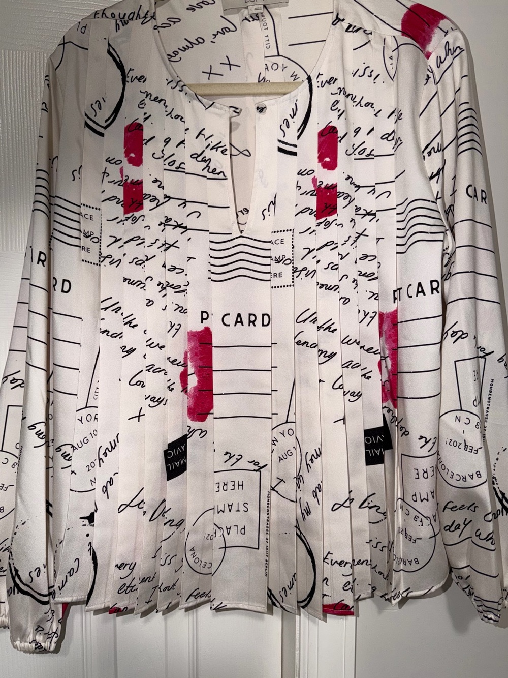LOFT White Blouse with Black Script and Red Accent